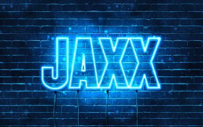 Jaxx, 4k, les papiers peints avec les noms, le texte horizontal, Jaxx nom, Joyeux Anniversaire Jaxx, bleu n&#233;on, photo avec Jaxx nom