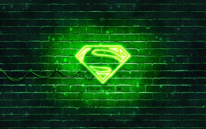 Superman green logo, 4k, green brickwall, Superman logo, superheroes, Superman neon logo, Superman