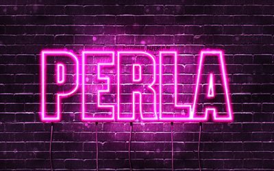 Pearl, 4k, tapeter med namn, kvinnliga namn, Perla namn, lila neon lights, Grattis P&#229; F&#246;delsedagen Perla, bild med Perla namn