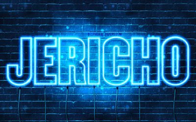 Jericho, 4k, 壁紙名, テキストの水平, Jericho名, お誕生日おめでJericho, 青色のネオン, 写真とジェリコ名