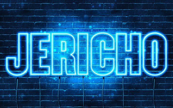 Jericho, 4k, taustakuvia nimet, vaakasuuntainen teksti, Jericho nimi, Hyv&#228;&#228; Syntym&#228;p&#228;iv&#228;&#228; Jericho, blue neon valot, kuvan nimi Jericho
