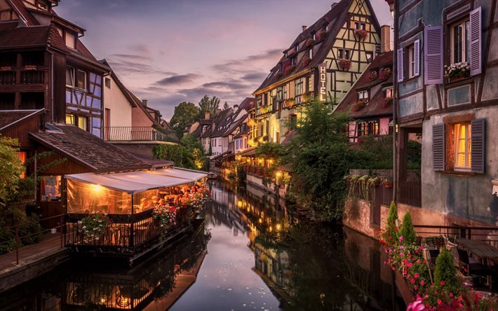 Colmar, Alsace, kaunis ranskalainen kaupunki, illalla, sunset, Colmar kaupunkikuvaan, Suuri On, Haut-Rhin, Ranska