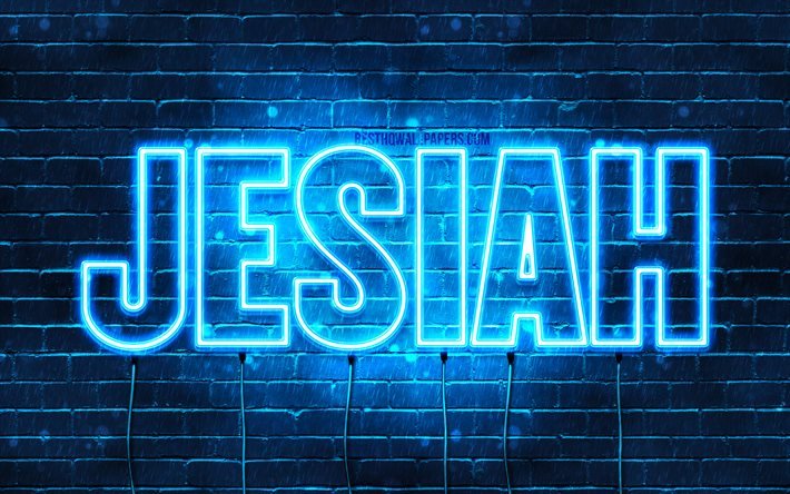Jesiah, 4k, 壁紙名, テキストの水平, Jesiah名, お誕生日おめでJesiah, 青色のネオン, 写真Jesiah名