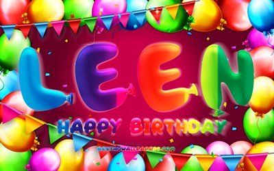 Happy Birthday Leen, 4k, colorful balloon frame, Leen name, purple background, Leen Happy Birthday, Leen Birthday, popular jordanian female names, Birthday concept, Leen
