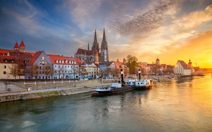 Regensburg, Almanya şehirleri, St Peter Katedrali, sonbahar, G&#252;n batımı, Bavyera, Almanya, Avrupa, Regensburg Katedrali