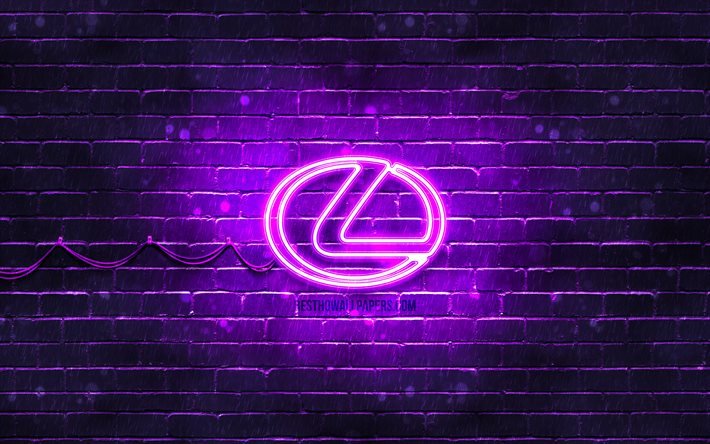Lexus violet logo, 4k, violet brickwall, Lexus logo, cars brands, Lexus neon logo, Lexus