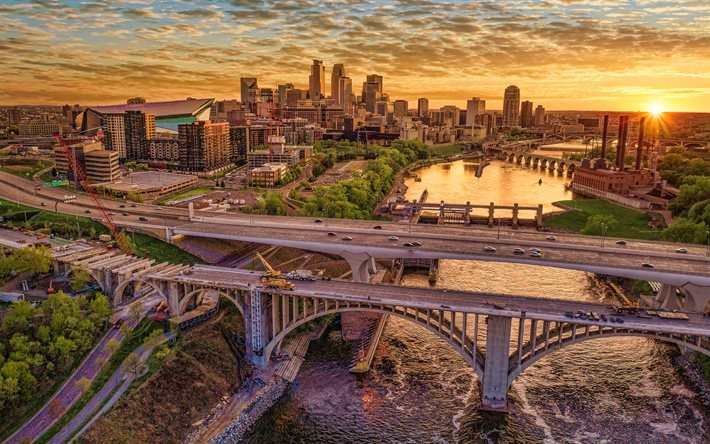 Minneapolis, 4k, Mississippi River, sunset, american cities, Minnesota, USA, America