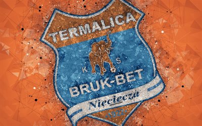 Bruk-Bet Termalica Nieciecza, 4k, geometriska art, logotyp, orange abstrakt bakgrund, Polska football club, Neccea, Polen, fotboll, kreativ konst