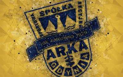 Arka Gdynia-FC, 4k, geometriska art, logotyp, gul abstrakt bakgrund, Polska football club, Ekstraklasa, Gdynia, Polen, fotboll, kreativ konst