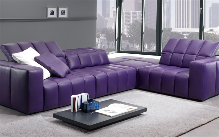 violetti tyylik&#228;s nahka sohva, olohuone, moderni sisustus, minimalismi, taulukko lattialle