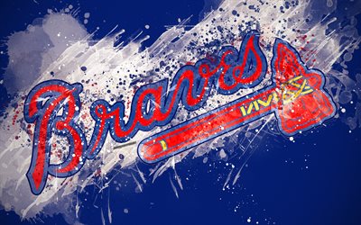 Atlanta Braves, 4k, grunge arte, logo, americana de beisebol clube, MLB, fundo azul, emblema, Atlanta, Ge&#243;rgia, EUA, Major League Baseball, Liga Nacional, arte criativa