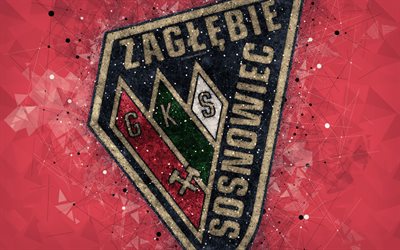 Zaglebie Sosnowiec, 4k, geometric art, logo, red abstract background, Polish football club, Ekstraklasa, Sosnowiec, Poland, football, creative art