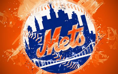 نيويورك ميتس, 4k, الجرونج الفن, شعار, البيسبول الأميركي النادي, MLB, الخلفية البرتقالية, نيويورك, الولايات المتحدة الأمريكية, دوري البيسبول, الدوري الوطني, الفنون الإبداعية