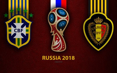 Brasil vs B&#233;lgica, Cuartos de final, Ronda 8, 4k, textura de cuero, logotipo, 2018 Copa Mundial de la FIFA Rusia 2018, el 5 de julio, partido de f&#250;tbol, arte creativo, nacional de f&#250;tbol de los equipos de
