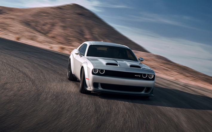 Dodge Challenger SRT Hellcat, 2019, &#246;nden g&#246;r&#252;n&#252;m, G&#252;m&#252;ş spor coupe, tuning, yeni G&#252;m&#252;ş Challenger, Dodge