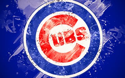 Los Cachorros de Chicago, 4k, grunge arte, logotipo, american club de b&#233;isbol, MLB, fondo azul, emblema de la ciudad de Chicago, Illinois, estados UNIDOS, la Liga Mayor de B&#233;isbol de la Liga Nacional, arte creativo