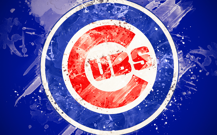 Chicago Cubs, 4k, grunge konst, logotyp, amerikansk baseball club, MLB, bl&#229; bakgrund, emblem, Chicago, Illinois, USA, Major League Baseball, National League, kreativ konst