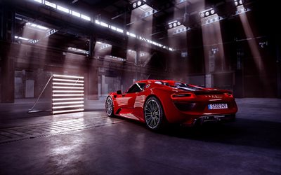 Porsche 918 Spyder, hangar, 2018 cars, sportscars, red 918 Spyder, german cars, Porsche