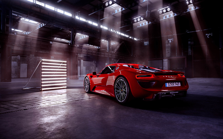 Porsche 918 Spyder, hangar, 2018 carros, desportivos, vermelho 918 Spyder, carros alem&#227;es, Porsche