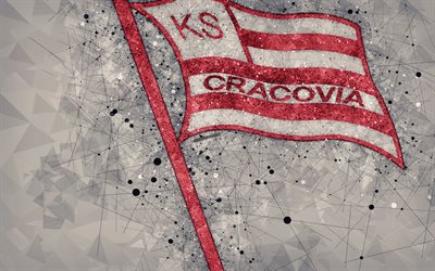 KS Cracovia, 4k, 幾何学的な美術, ロゴ, 赤抽象的背景, ポーランドサッカークラブ, Ekstraklasa, クラクフ, ポーランド, サッカー, 【クリエイティブ-アート, Cracovia FC