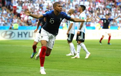 Kylian Mbappe, goal, match, France National Team, Mbappe, Russia 2018, soccer, footballers, French football team