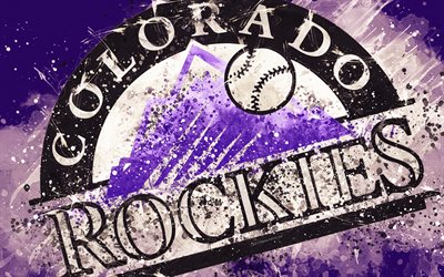 Colorado Rockies, 4k, grunge arte, logo, americana de beisebol clube, MLB, fundo roxo, emblema, Denver, Colorado, EUA, Major League Baseball, Liga Nacional, arte criativa