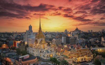 Bangkok, Buda de Oro, tarde, puesta de sol, Phra Phuttha Maha Suwana Patimakon, templo, paisaje urbano, Tailandia