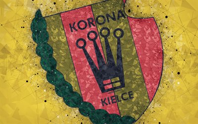 Korona Kielce, 4k, geometric art, logo, yellow abstract background, Polish football club, Ekstraklasa, Kielce, Poland, football, creative art