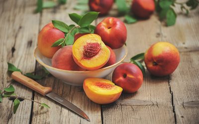 4k, peaches, close-up, fresh fruit, summer, fruits