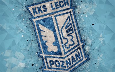 Lech Poznan FC, 4k, art g&#233;om&#233;trique, logo, abstrait bleu fond, polonaises, club de football, Ekstraklasa, &#224; Poznan, en Pologne, le football, l&#39;art cr&#233;atif