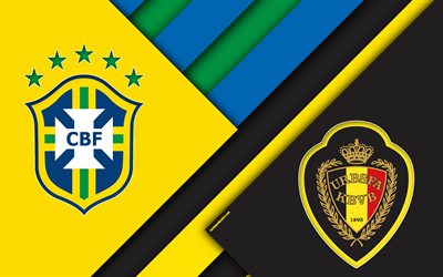 Brasil vs B&#233;lgica, 4k, dise&#241;o de materiales, Cuartos de final, Ronda 8, abstracto, logotipos, 2018 Copa Mundial de la FIFA Rusia 2018, partido de f&#250;tbol, de 6 de julio de