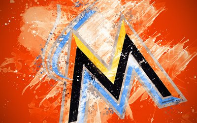 Miami Marlins, 4k, grunge art, logo, american club de baseball, MLB, fond orange, embl&#232;me, Miami, Floride, etats-unis, de la Ligue Majeure de Baseball, Ligue Nationale, art cr&#233;atif