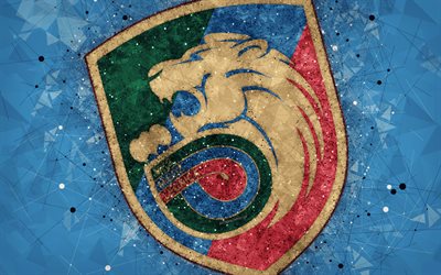 Miedz Legnica, 4k, geometric art, logo, blue abstract background, Polish football club, Ekstraklasa, Legnica, Poland, football, creative art, Legnica FC