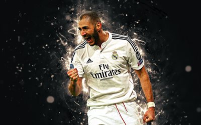 Karim Benzema, 4k, jalkapallo t&#228;hte&#228;, neon valot, Real Madrid, jalkapallo, Benzema, fan art, Liiga, jalkapalloilijat