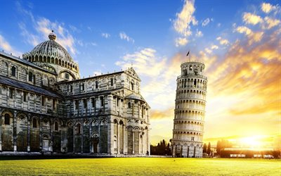 Torre inclinada de Pisa, puesta de sol, noche, Pisa, Italia, Catedral de Pisa, los monumentos, la torre de la campana, verano, turismo