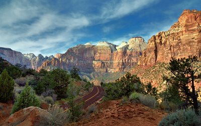 stenar, sunset, Arizona, USA, bergslandskapet, kv&#228;ll, orange stenar