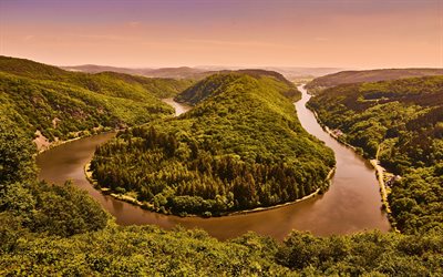 Saar river, Sarre, Saarland, sunset, evening, green hills, forest, green trees, Germany