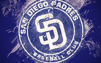 Padres de San Diego, 4k, grunge art, logo, american club de baseball, MLB, fond bleu, emblème, San Diego, Californie, etats-unis, de la Ligue Majeure de Baseball, Ligue Nationale, art créatif