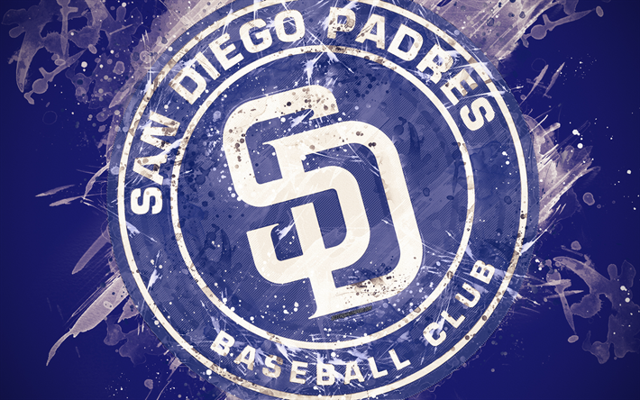 San Diego Padres, 4k, grunge art, logo, amerikkalainen baseball club, MLB, sininen tausta, tunnus, San Diego, California, USA, Major League Baseball, National League, creative art