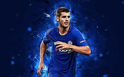 4k, Alvaro Morata, soyut sanat, futbol yıldızları, Chelsea, futbol, Morata, İspanya Ligi, futbolcular, neon ışıkları, Chelsea FC