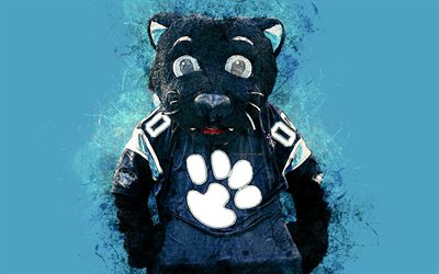 Sir Purr, official mascot, Carolina Panthers, 4k, art, NFL, USA, blue background, paint art, National Football League, NFL mascots, Carolina Panthers mascot