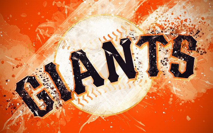 Gigantes de San Francisco, 4k, grunge arte, logotipo, american club de b&#233;isbol, MLB, fondo naranja, con el emblema de San Francisco, California, estados UNIDOS, la Liga Mayor de B&#233;isbol de la Liga Nacional, arte creativo