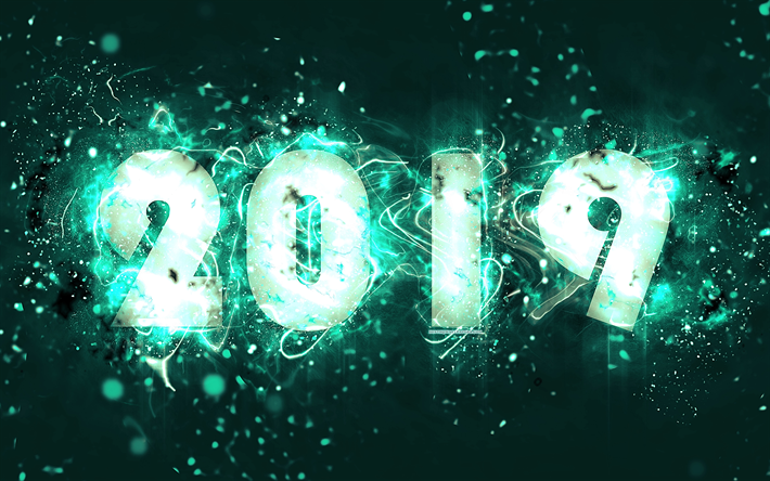 2019 year, turquoise background, neon lights, 4k, abstract art, creative, 2019 concepts, turquoise neon, Happy New Year 2019