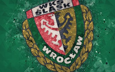 WKS Slask Wroclaw, 4k, geometriska art, logotyp, gr&#246;n abstrakt bakgrund, Polska football club, Ekstraklasa, Wroclaw, Polen, fotboll, kreativ konst, Slask FC
