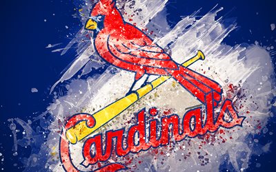 St Louis Cardinals, 4k, grunge art, logo, american club de baseball, MLB, fond bleu, embl&#232;me, St Louis, Missouri, etats-unis, de la Ligue Majeure de Baseball, Ligue Nationale, art cr&#233;atif