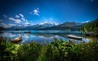 Switzerland, lake, pier, boats, yachts, Alps, Europe