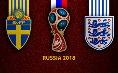 Suecia vs Inglaterra, en la Ronda 8, 4k, textura de cuero, Cuartos de final, logotipo, 2018 Copa Mundial de la FIFA Rusia 2018, 7 de julio, partido de f&#250;tbol, arte creativo, nacional de f&#250;tbol de los equipos de