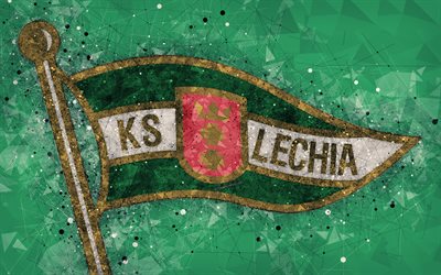 Lechia Gdansk, 4k, geometrinen taide, logo, vihre&#228; abstrakti tausta, Puolan football club, Ekstraklasa, Gdansk, Puola, jalkapallo, creative art