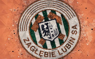 Zaglebie Lubin FC, 4k, geometriska art, logotyp, orange abstrakt bakgrund, Polska football club, Ekstraklasa, Lubin, Polen, fotboll, kreativ konst