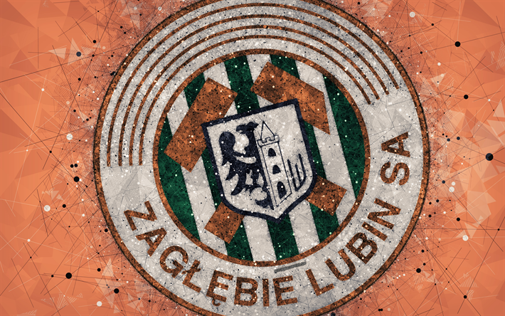 Zaglebie Lubin FC, 4k, arte geom&#233;trica, logo, laranja resumo de plano de fundo, Clube de futebol polon&#234;s, Ekstraklasa, Lubin, Pol&#243;nia, futebol, arte criativa